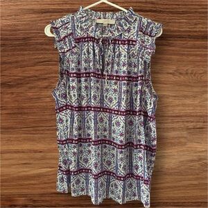 LOFT Sleeveless Printed Blouse | Size XL | Blue & Burgundy | Tie Neck